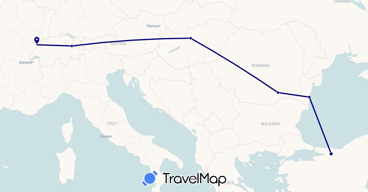 TravelMap itinerary: driving in Switzerland, France, Hungary, Romania, Turkey (Asia, Europe)